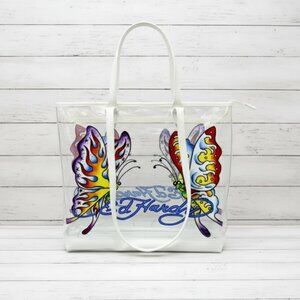 Ed Hardy Large Clear PVC Tote Bag with Butterfly Print and Zipper
